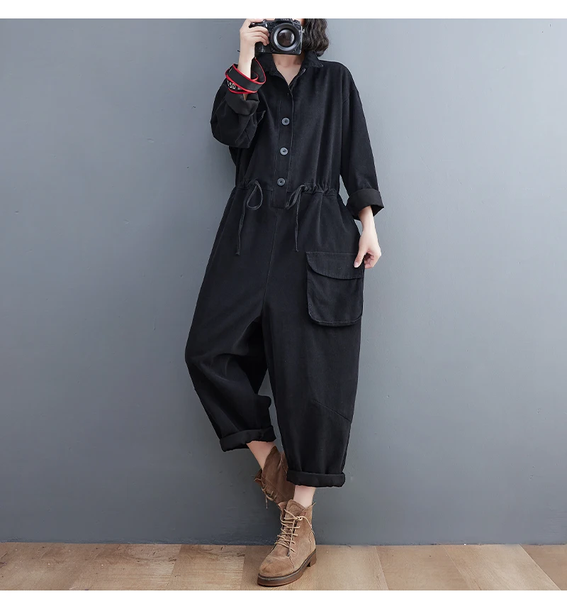 Năm 2022 Thời Trang Thu Đông Mới Áo Quá Khổ Tay Dài Jumpsuit Nữ Đơn Giản Thẳng Vintage Mắt Cá Chân-Chiều Dài Quần