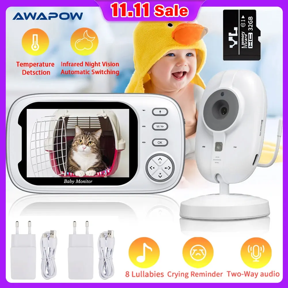

Awapow Video Pet Baby Monitor Wireless HD Kids Surveillance Camera With 32GB Memory Card Auto Night Vision Temperature Monitorin