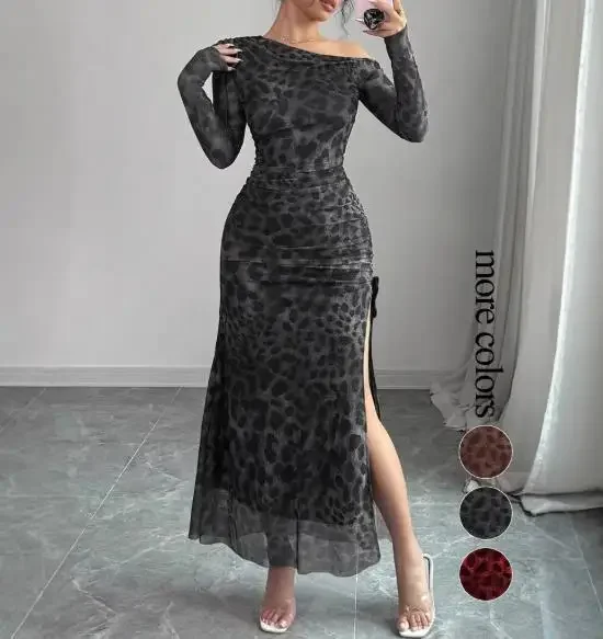 

Women's Fashion Leopard Print Slim Slit Dress Female Clothing 2026 New Style Temperament Women Sexy Slimming Dresses