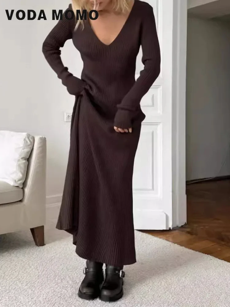 

Универсальные облегающие платья макси с длинными рукавами, офисные женские халаты в стиле ретро, зимние элегантные трикотажные платья в рубчик с v-образным вырезом, женские осенние