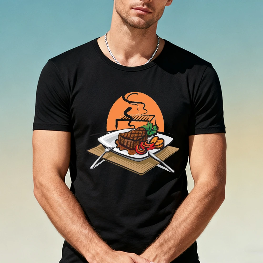 Grilled Steak Plate Table Setting BBQ Graphic Men Summer T Shirt Gourmet Food Lover Outdoor Casual Short Sleeve Top