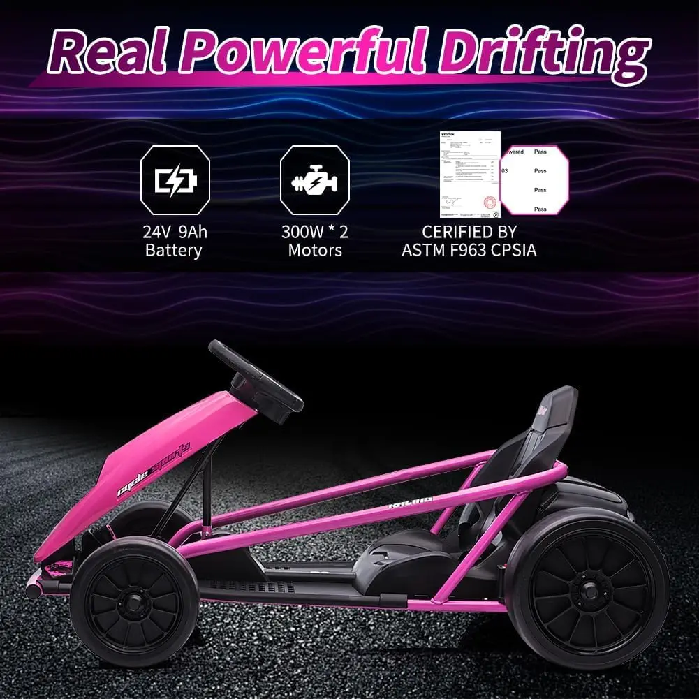 24V pergi untuk anak-anak 8-12 tahun, 300W * 2 motor ekstra kuat, 9Ah baterai besar 8MPH kecepatan tinggi Drifting dengan musik, klakson, Max L