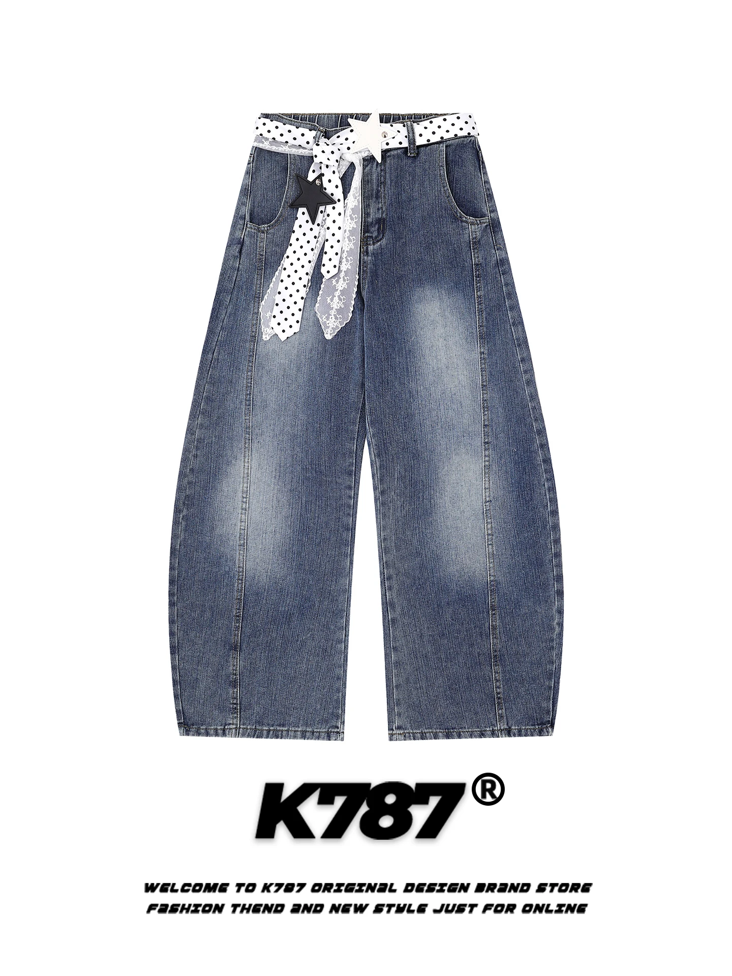 

Американские ретро-джинсы с поясом в горошек, свободные, с высокой талией, утягивающие, повседневные, широкие брюки