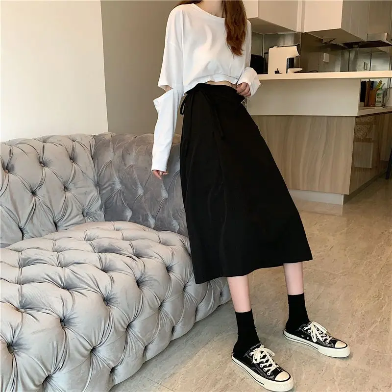 Spring Autumn Midi Skirts for Women Korean Fashion Lace-up Design Cute High Waist Y2k College Street A-line Skirt Chic All-match