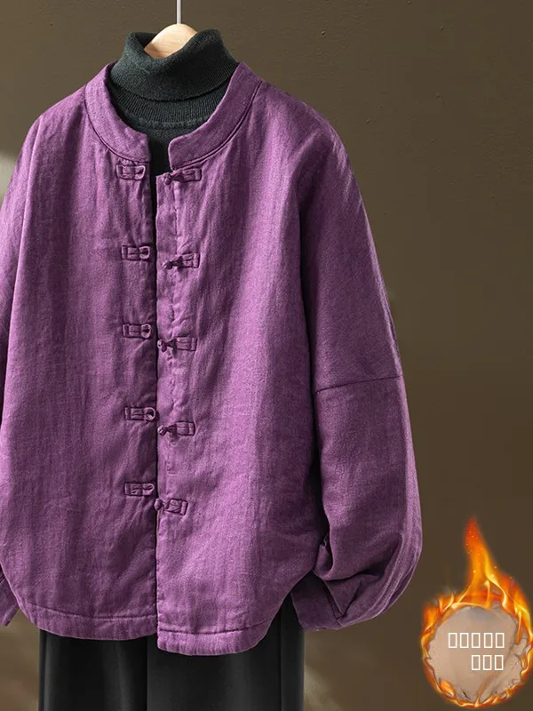 

Ele Purple Cotton Jaet for Women with Button Design New National Sle Loose Fit Long Sve Warm Winter Coat