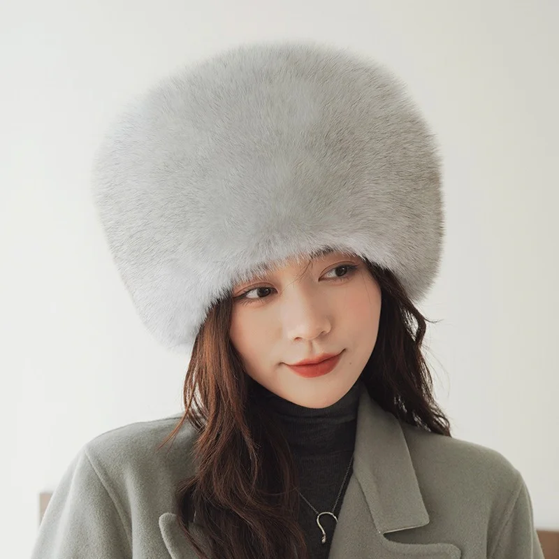 Senhoras luxo Fox Fur Hat, proteção de orelha, grande, redondo, ao ar livre, quente, pelúcia, chapéu do Mongolian, inverno, moda