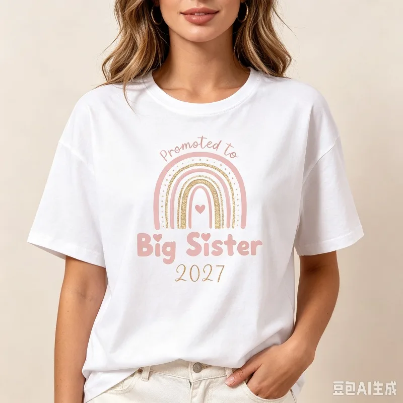 Promoted to Big Sister 2027 Women T‑Shirt Pink Gold Rainbow Heart Print Modal Soft Tee for Baby Shower Gender Reveal Wear