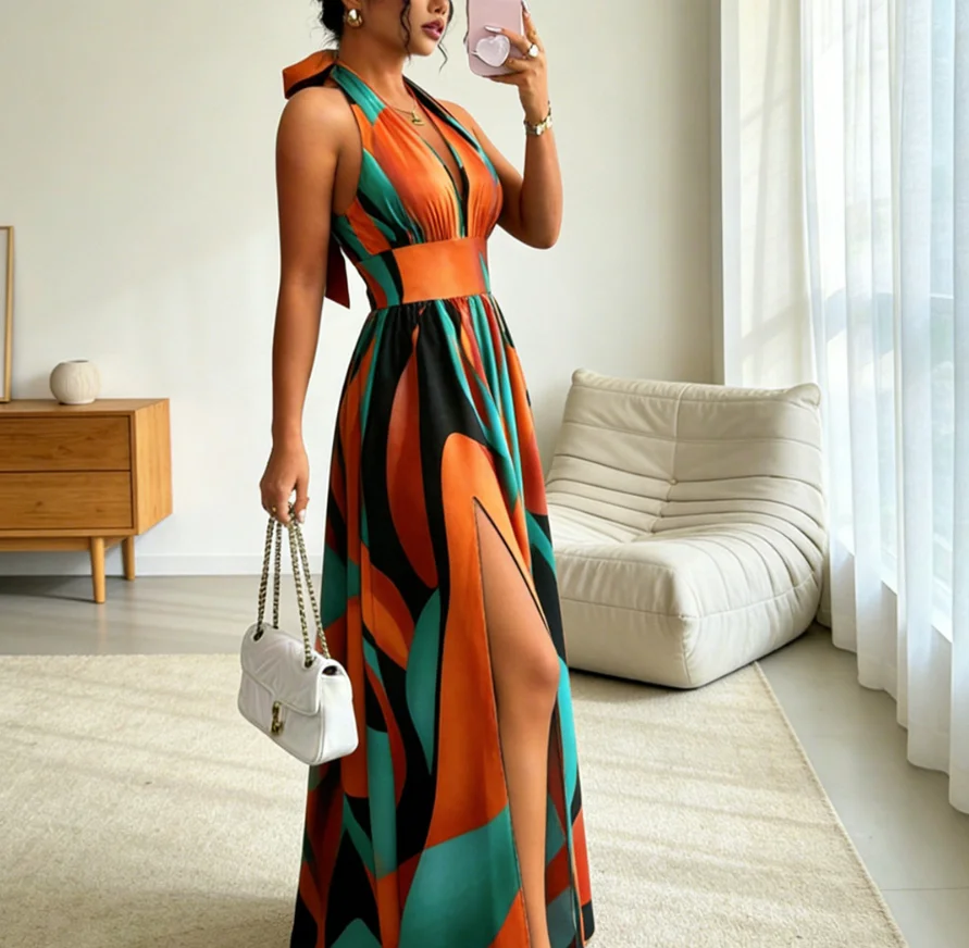 

Women Dress 2026 Spring Summer New Halter Deep V-Neck Contrasting Printed Waist Cinched High Slit Temperament Long Dress
