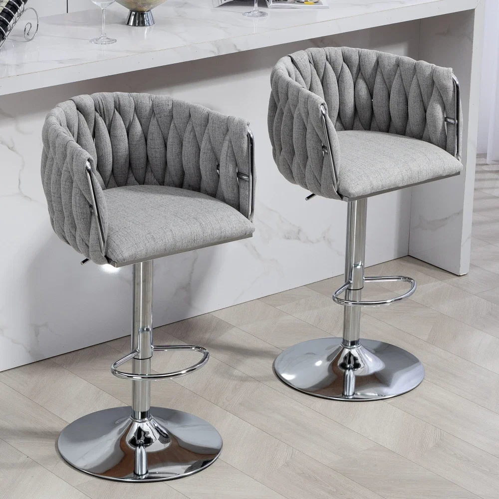 360° Swivel Bar Stools Set of 2, Height Bar Chairs with Woven Back Footrest,chromed Bar Stools Kitchen Cafe Pub Gray Stool Chair