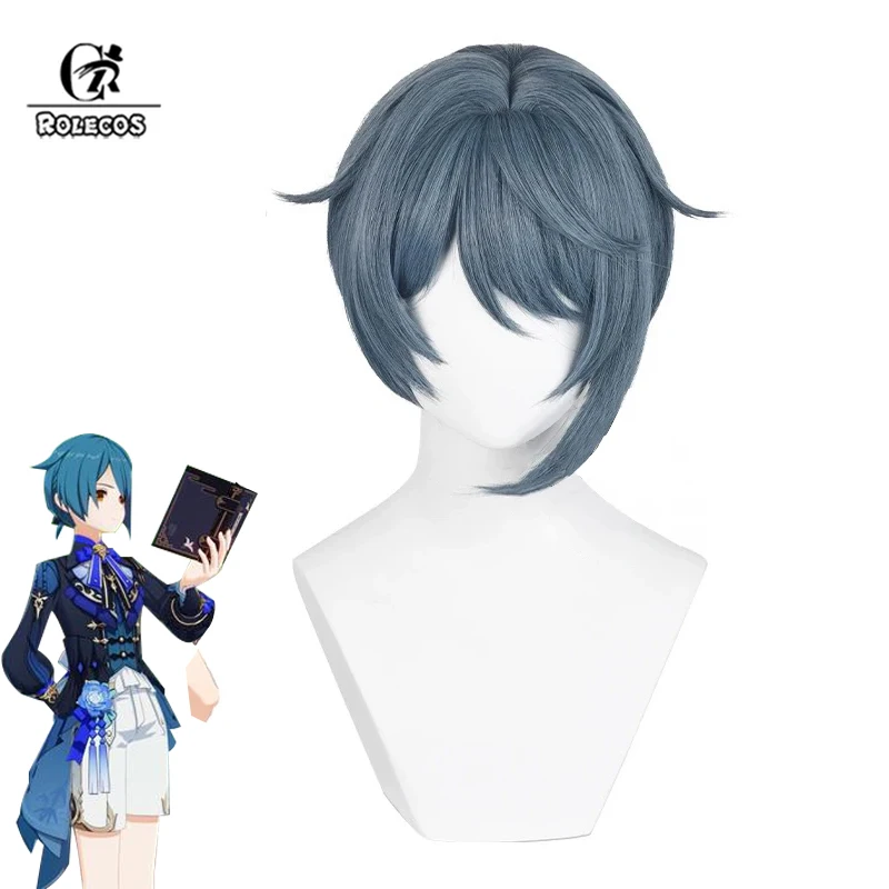 

ROLECOS Game Genshin Impact Lantern Rite Xingqiu Cosplay Wigs Xingqiu 30cm Short Blue Gray Wig Heat Resistant Synthetic Hair