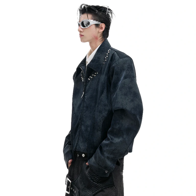 2025 Men's Autumn New Niche Pearl Decoration Long-sleeve Loose Faux Leather Jackets Male Short Style Coats Fashion Handsome Tops