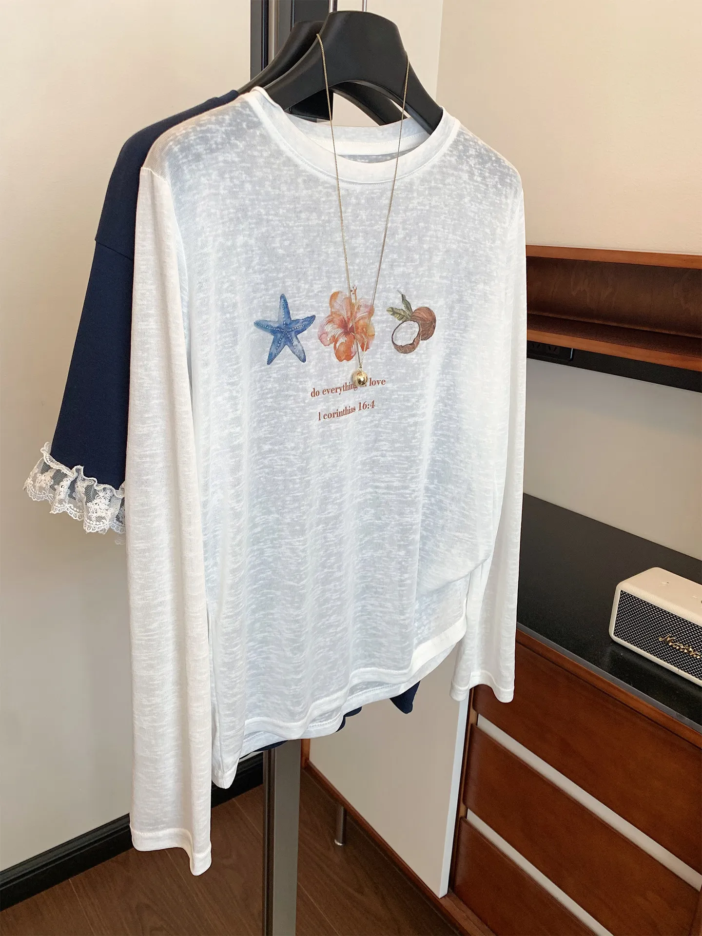White Thin Snowflake Long Sleeve T-Shirt Women Summer Casual Slimming Loose Sun Protection Cover up Slightly Transparent Top