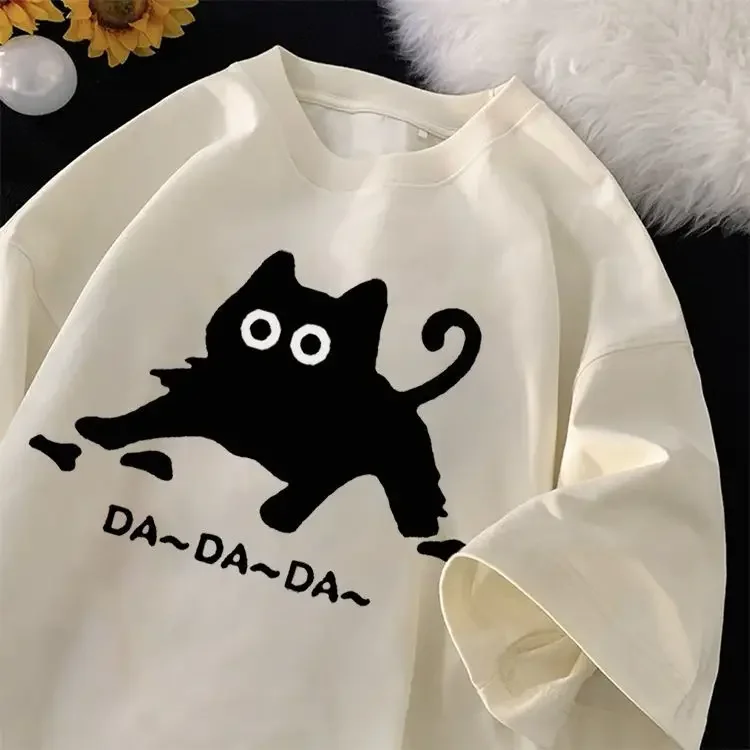 

Simple style cat letter printed short sleeved men and women T-shirts in summer plus size loose casual round neck clothes