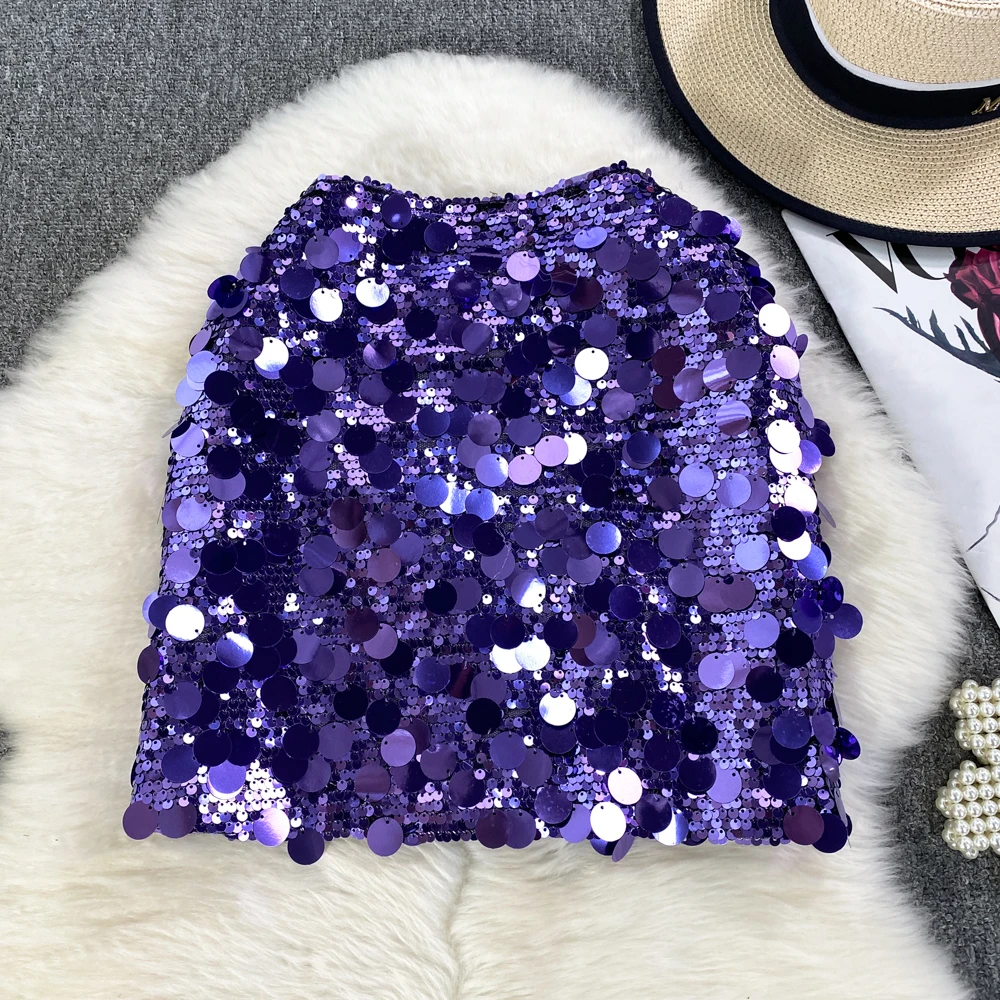 Fashionable Sequins Skirts for Women 2023 Summer New High Waist A- Line Mini Skirt Hot Girl Style Elastic Waist White Skirt