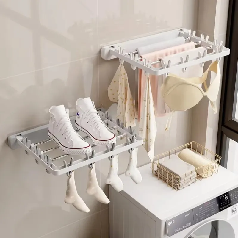 Folding Drying Rack Wall Mounted Clothes Hanger Drying Clip Windproof Sock Clip Multi Functional Towel Hanger Space Saving