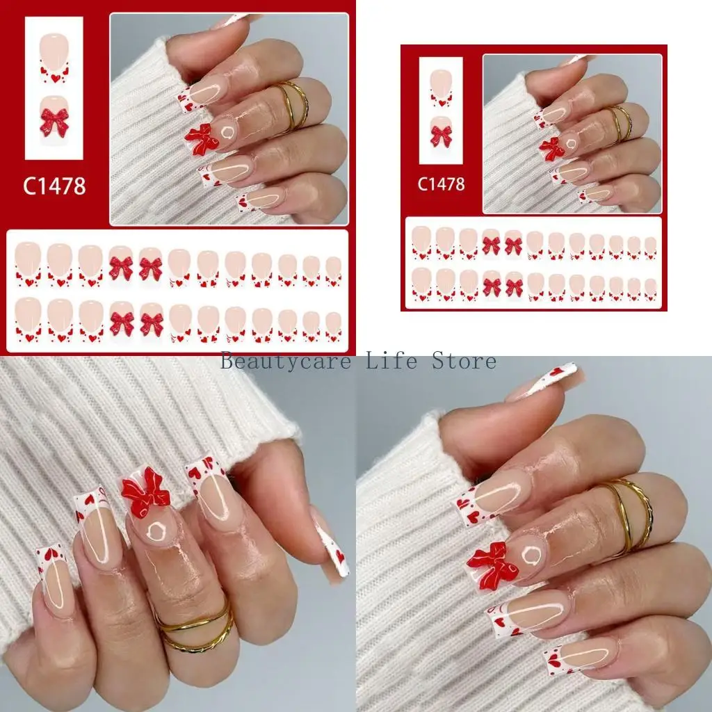 

652C 24Pcs French White Glossy Heart Bows Artificial Nail For Romantics Parties And Daily Wear