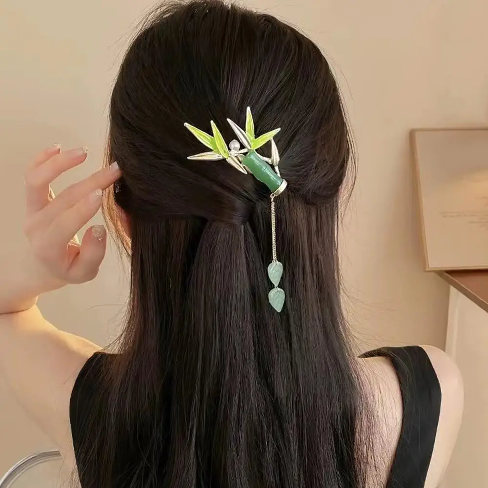 Sisir Rambut Rumbai Bunga Sisir Sisipan Antik Aksesori Rambut Hanfu Tiongkok Jepit Rambut Daun Bunga Jepit Rambut Campuran Bambu Hijau
