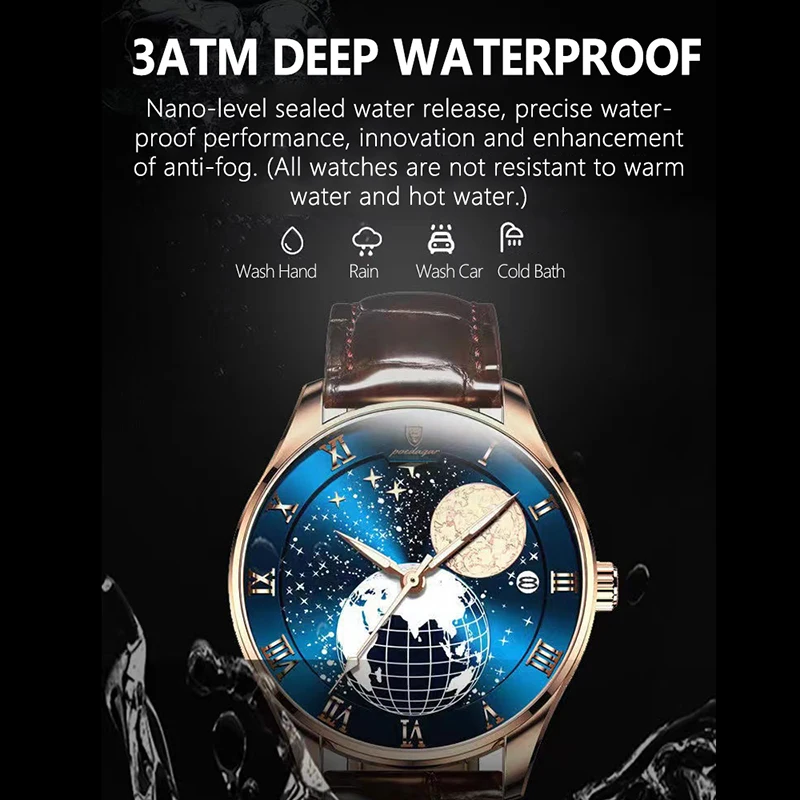 POEDAGAR Creative Starry Sky Mens Watch Luxury Brand Leather Waterproof Wrist Watches For Men Luminous Casual Calendar Clock New