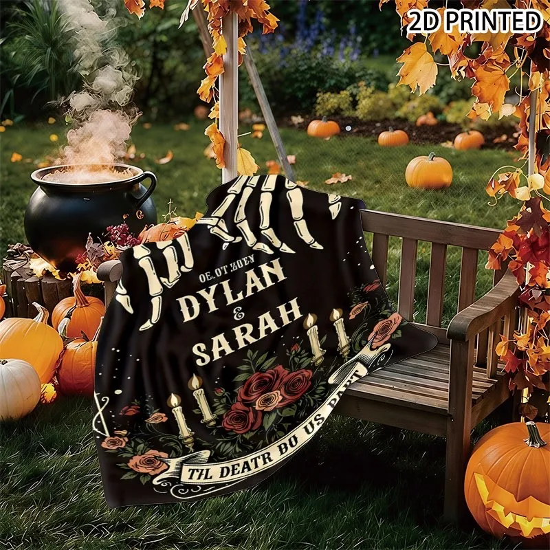 Gothic Spooky Romantic Skeleton Couple And Candle Rose Print Throw Blanket, Halloween Themed Fall Decor with Multiple Specificat
