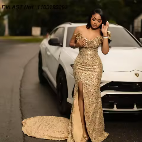EVLAST Customized African Gold Sequins Evening Dress Crystal Beaded Black Girls High Slit Aso Ebi Prom Gowns Gala Dress TPD345