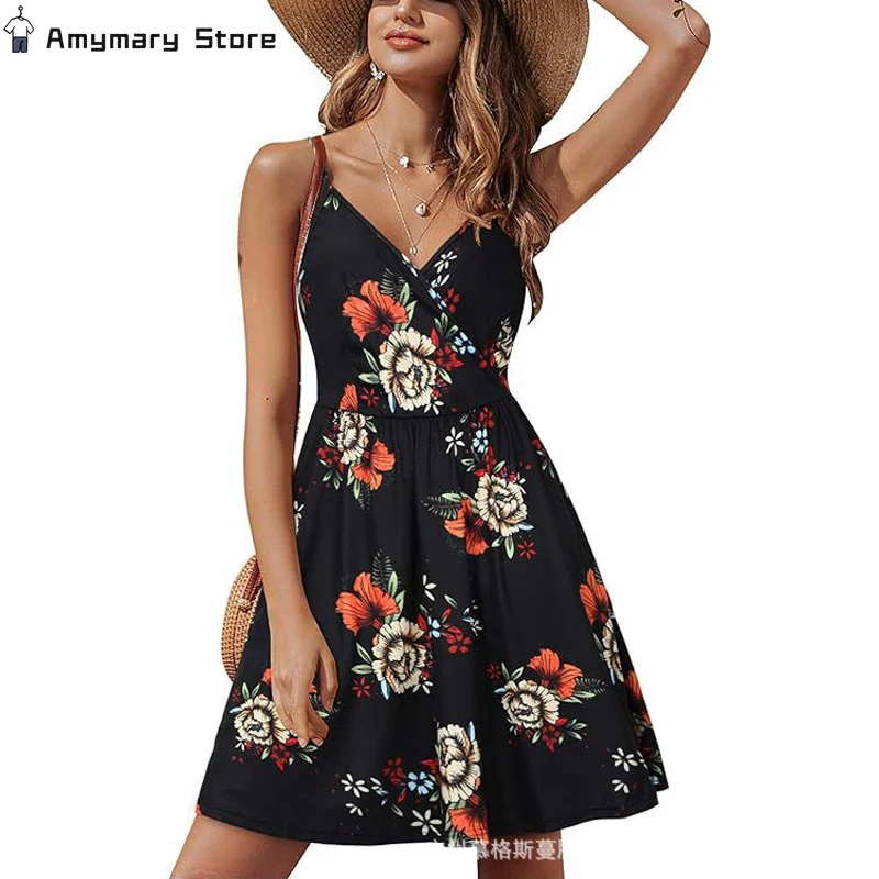 

2024 New Women's Summer Printed Halter Dress Cotton Blended Sexy V-neck High Waist Swing Dress Bohemian Beach Dress Streetwear