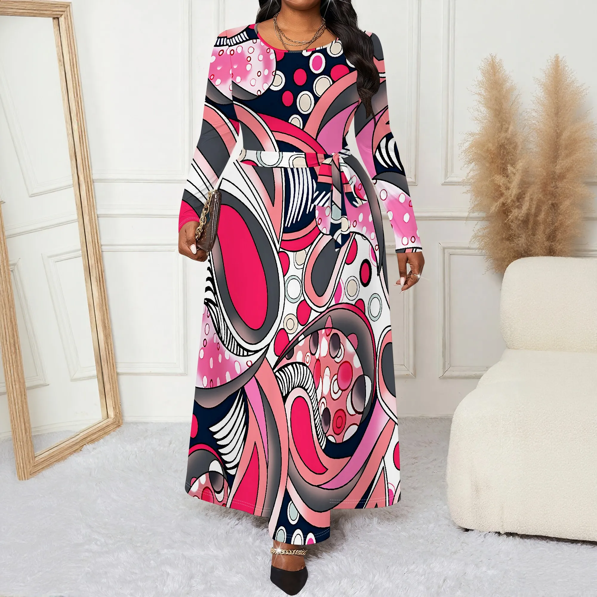 

Plus Size Women's Long Sleeved Belt Dress, 3D Printed Fashionable Pocket Dress