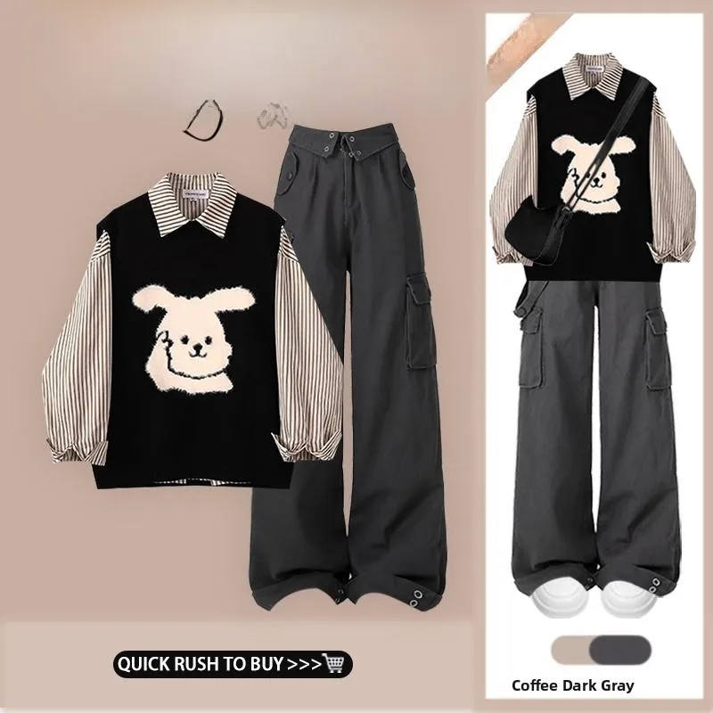 

Premium Striped irt Vest Set Cute Rabbit Embroidery High Waist Retro Workwear Pants Tee Piece Set Faionable Ensemble