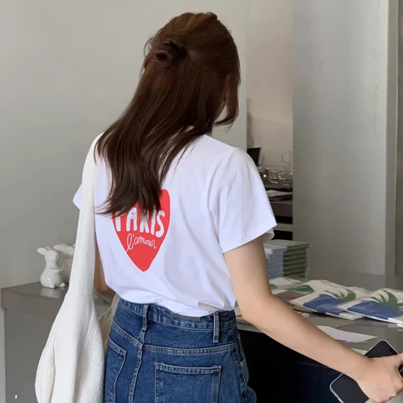 T-shirt retrò rotonda Ne ort Sve da donna, vestibilità ampia, design estivo chic, stampa di lettere Ba, versatile top coreano