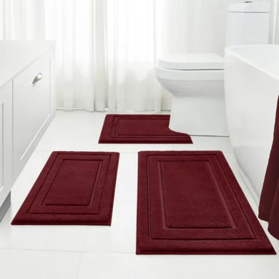 

Bathroom Rugs Sets 3 Pcs Super Soft and Absorbent Non Slip Microfiber Toilet Bath Mat with U-Shaped Burgundy Red