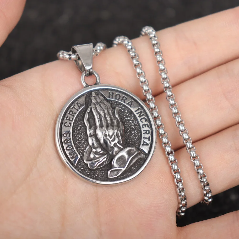 Vintage Round Prayer Hand Pendant Charm Men's Necklace Christmas Gift Valentine's Day Gift Protector Jewelry Accessories