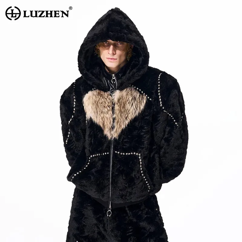 

LUZHEN 2025 зимнее оригинальное лоскутное пальто высокого качества в форме сердца с меховым капюшоном, мужское стильное красивое уличное теплое пальто JY4898