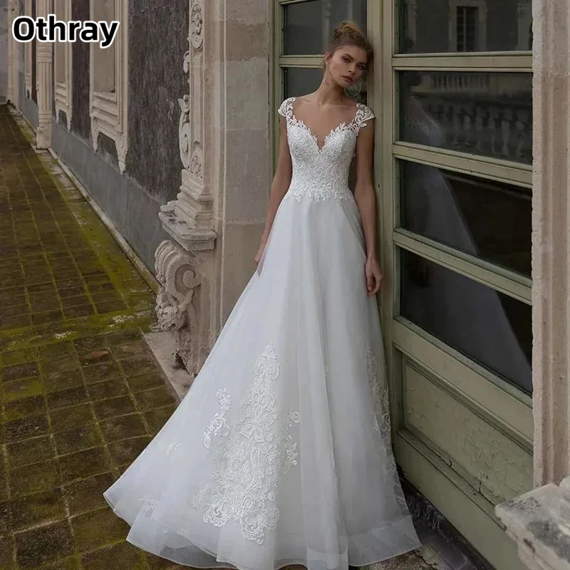 

Othray Charming Lace Wedding Dresses For Women Bridal Gowns A-Line Robes Illusion Buttons Back Elegant Tulle Vestidos De Novia