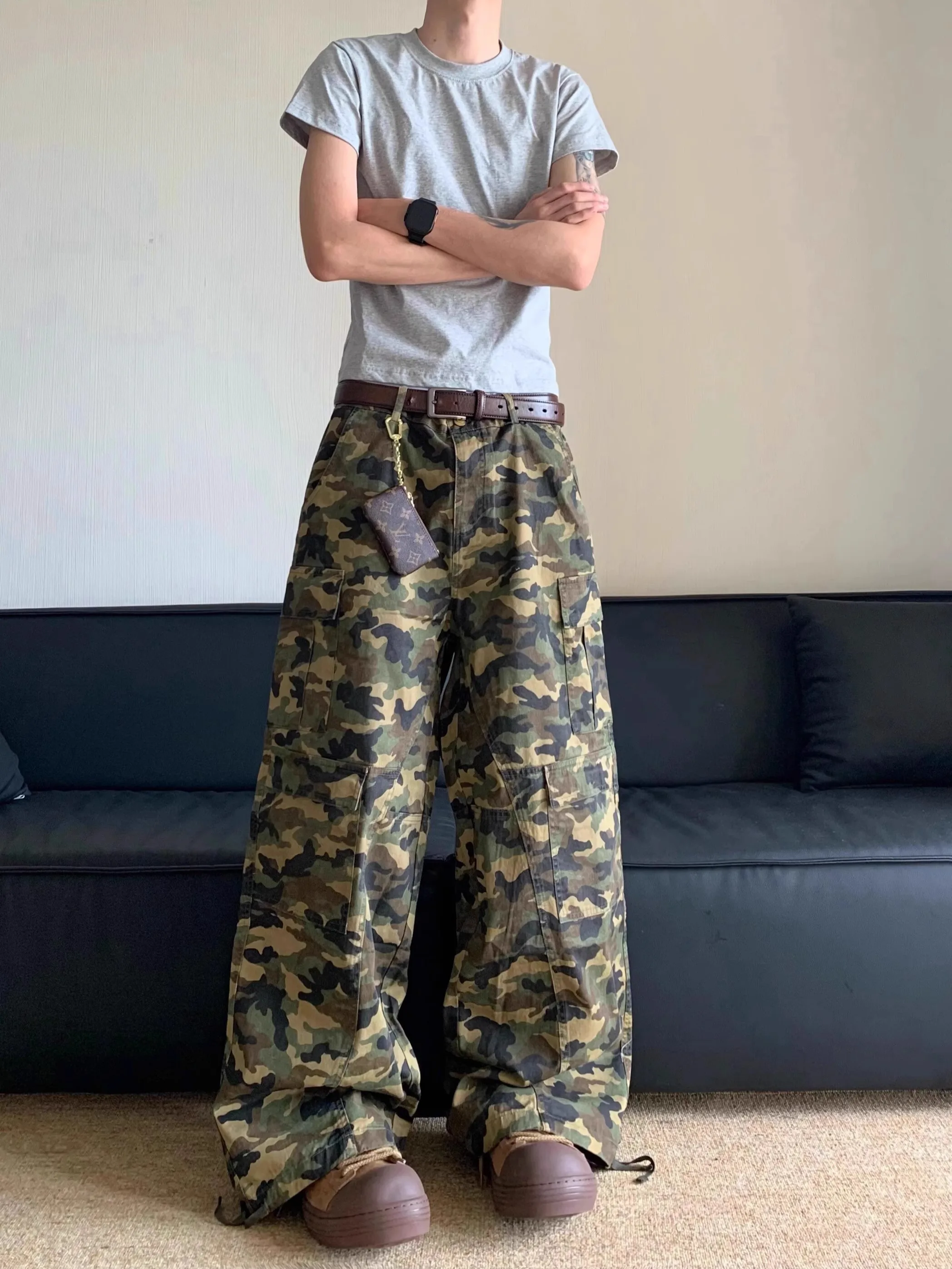 

Casual Camouflage Pants Men's Loose Wide Leg Long Trousers Multiple kets Waed out Vintage Sle Youthful Everyday Wear
