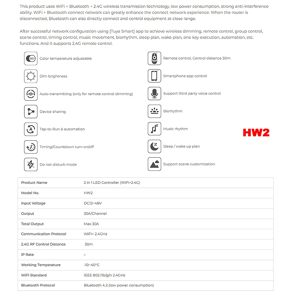 Miboxer HW2 2IN1 HW5 5IN1 2.4GHz WiFi+RF Controller Large Current Max 30A For Single Color/Dual White/RGB/RGBW/RGB+CCT Led Strip