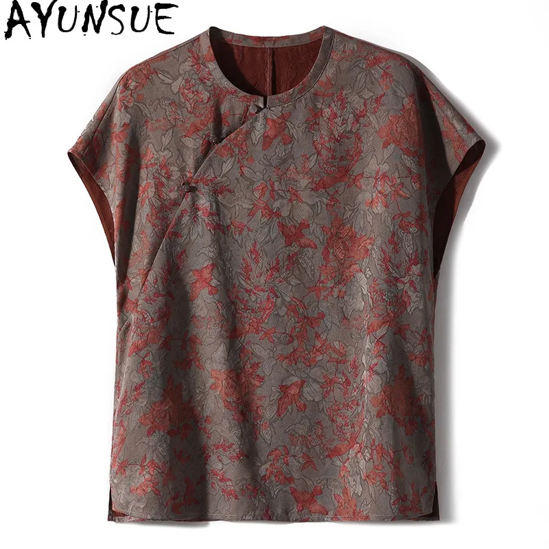 

AYUNSUE 91% Mulberry Silk Women's T-shirts Neo Chinese Style Tops for Woman Summer Clothes for Woman High Quality Топ Женский