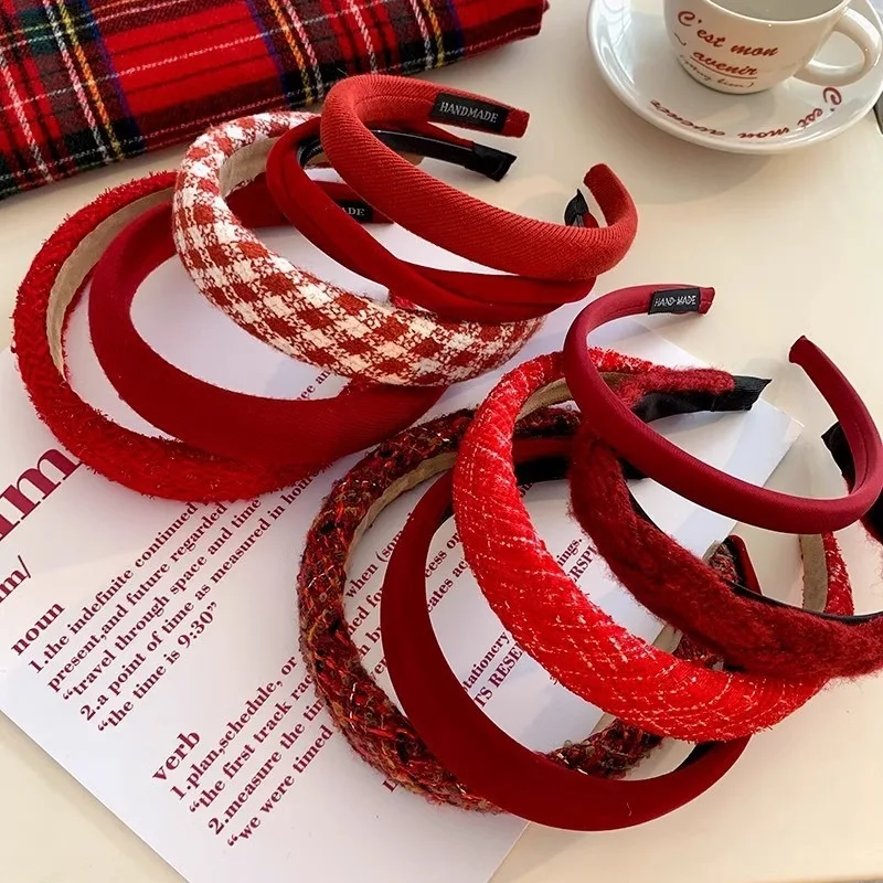 Fashion Red Cloth Headband Christmas Party Hair Card Autumn Winter Vintage Wool Hair Band New Year Women\'s Hair Accessories