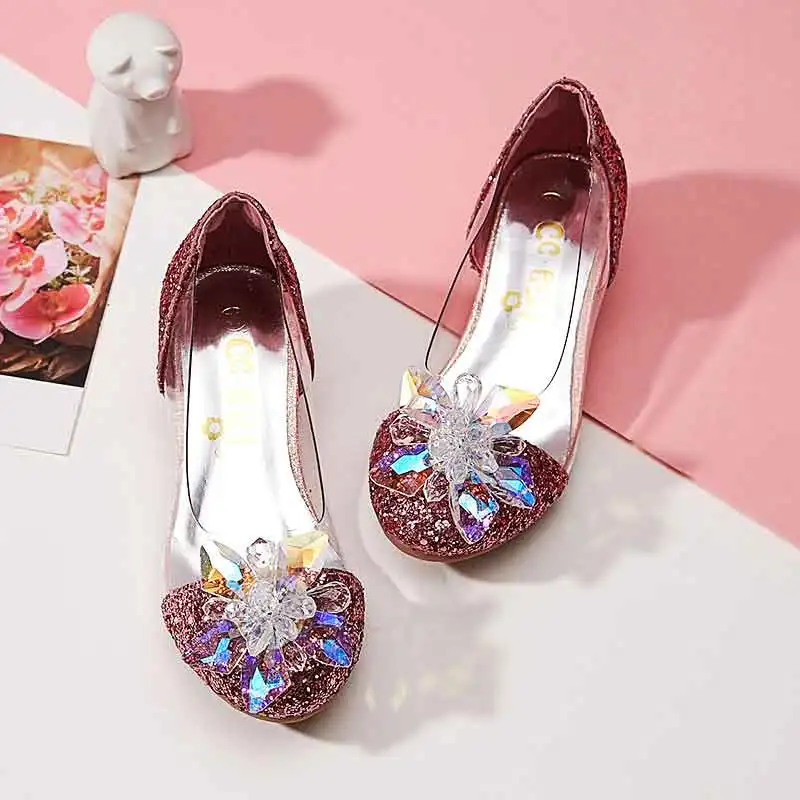 Princess Girls Crystal Shoes High Quality Rhinestone High-Heel Sequins Dress Shoes Party Wedding Dance Students Leather Shoes