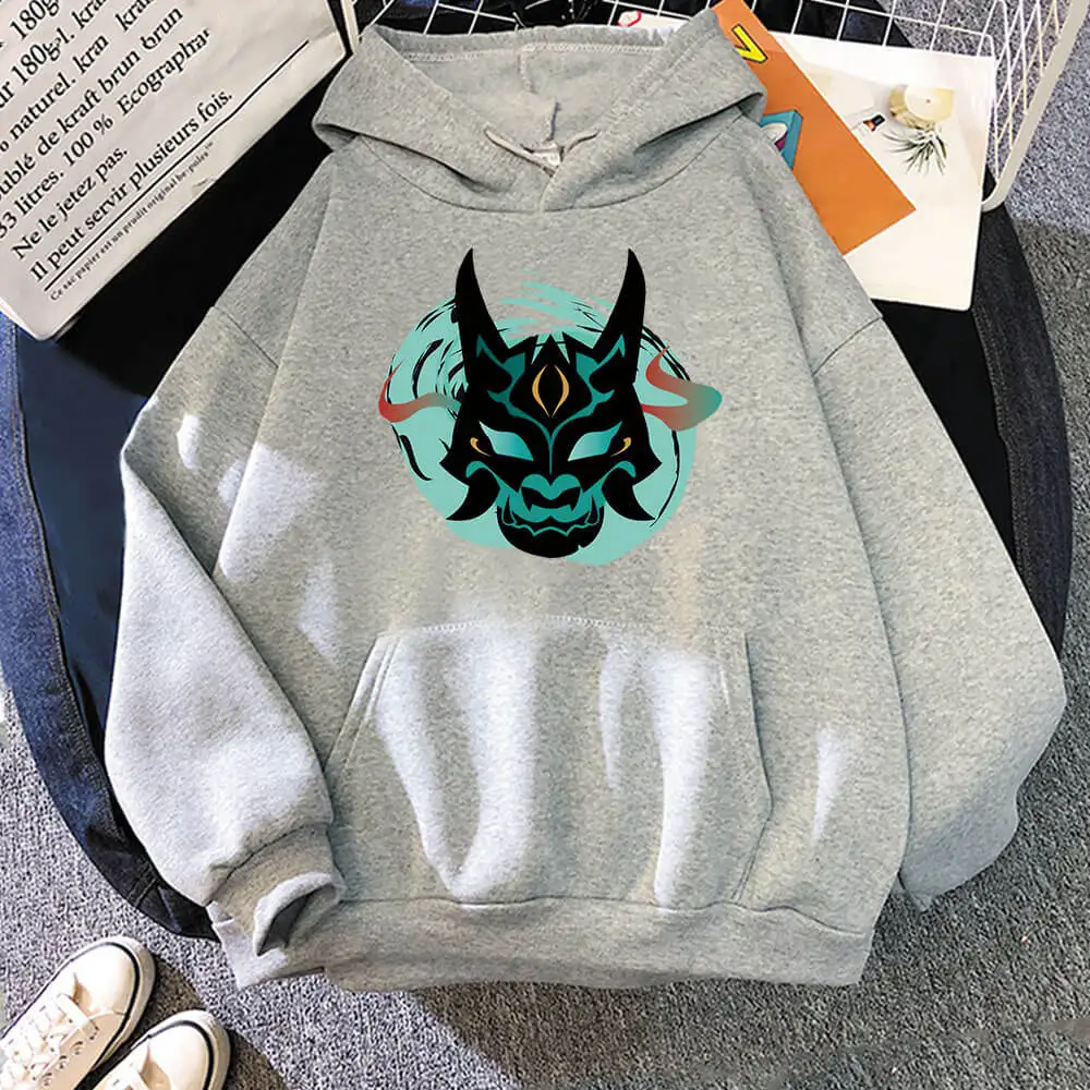 

New Genshin Impact Xiao Mask Fangs Graphic Hoodie Unisex Hip Hop Streetwear Hooded sweatshirts Pocket Kpop Graffiti Style Tops