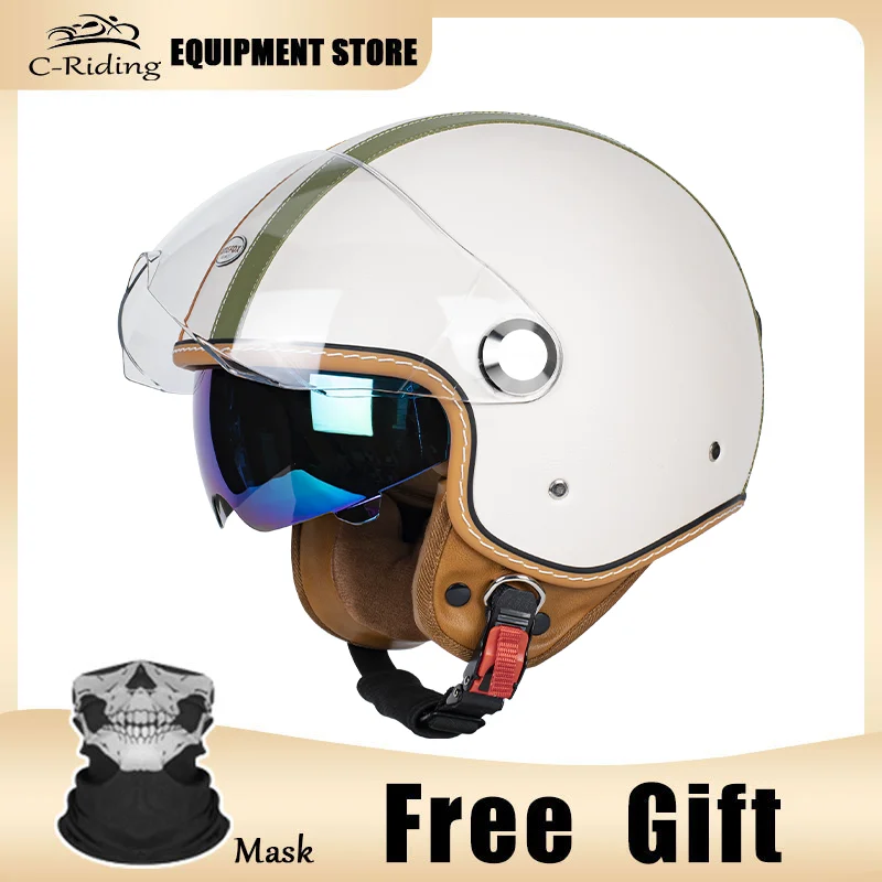 

Genuine Leather Double Stripes 3/4 Open Face Motorcycle Helmet with Removable Cheek Pads and Comfortable Fit for Long Journey
