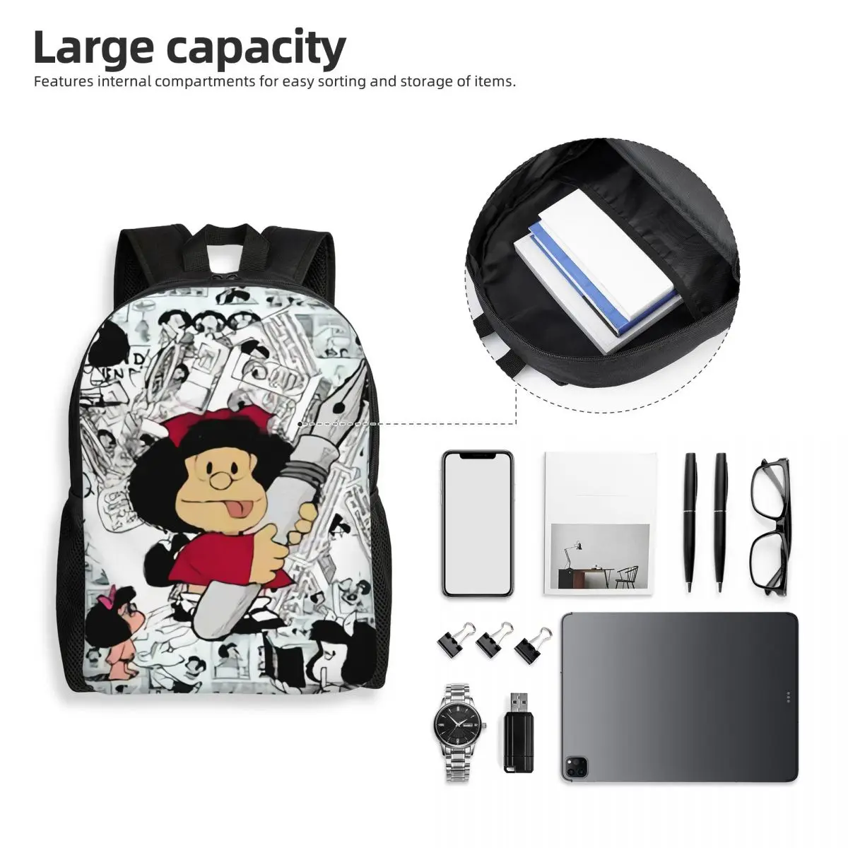 Mafalda Anime Laptop Backpack Men Women Fashion Bookbag for School College Student Cartoon Bag