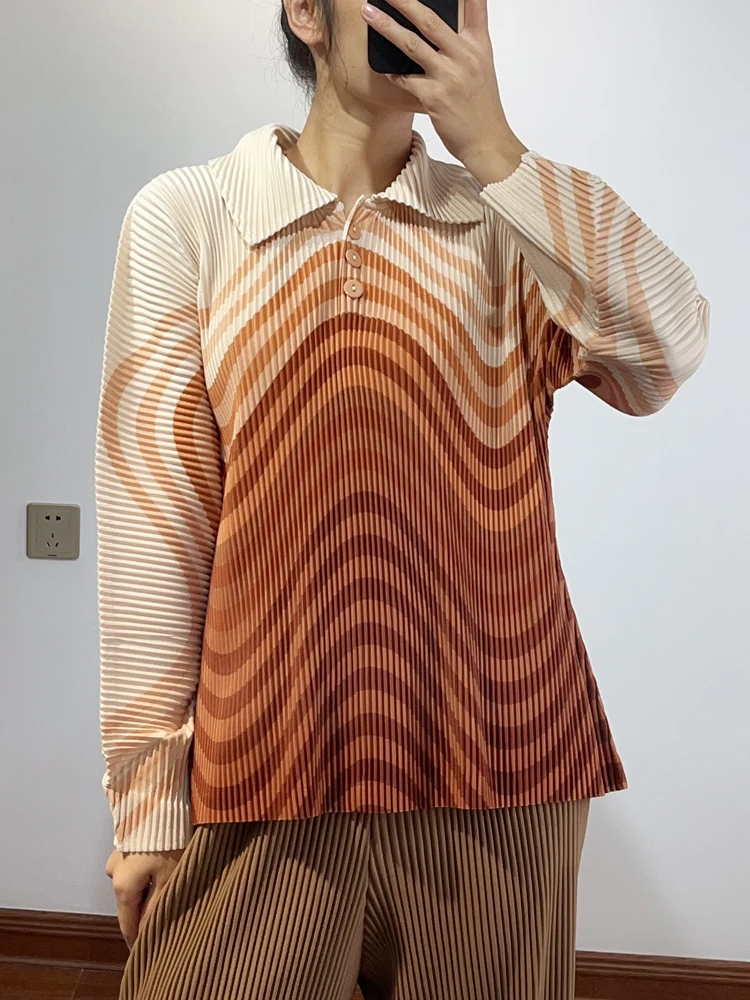 Women Thick Polo Shirt 2025 Autumn New Fashionable Printed Large Size Loose Slim Long Sleeve Folded Top Female Clothing