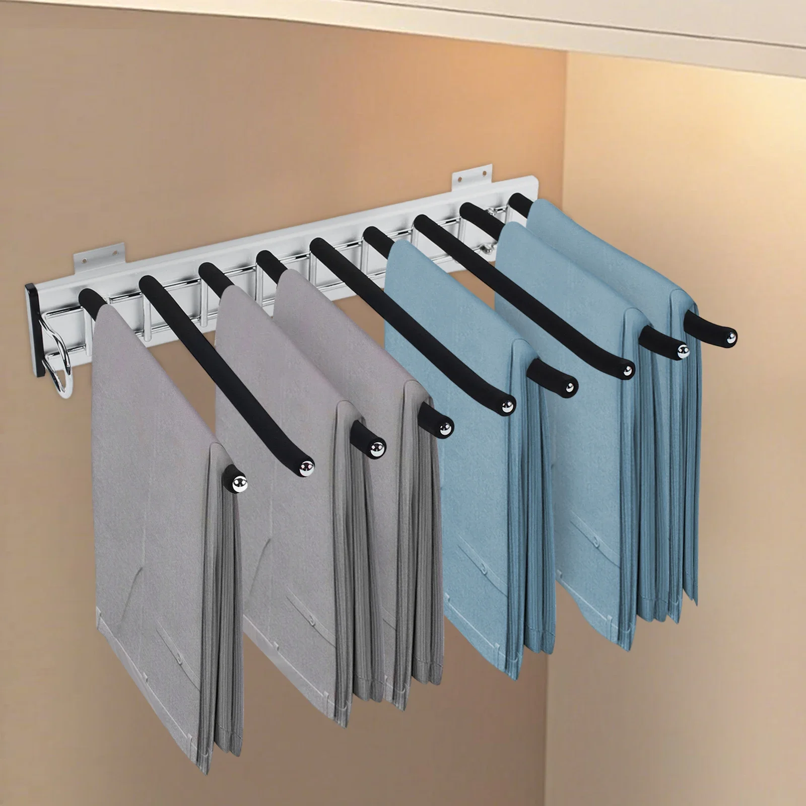 

Mini Size 9-Rod Pull-Out Wardrobe Hanger Left-Side Installation, Modern Style Space-Saving Trouser Rack Closet Storage Organizer