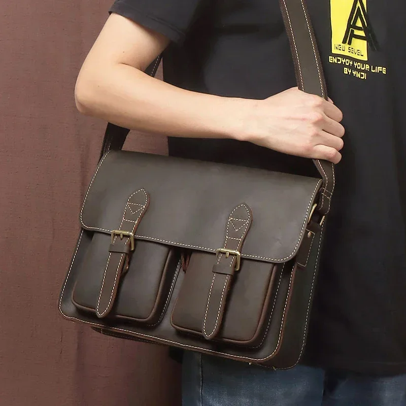 

Men's Women's Genuine Leather Retro Single Shoulder Commuter Crossbody Bag 12 Inch Storage Bag Messenger Style Casual Outing Bag