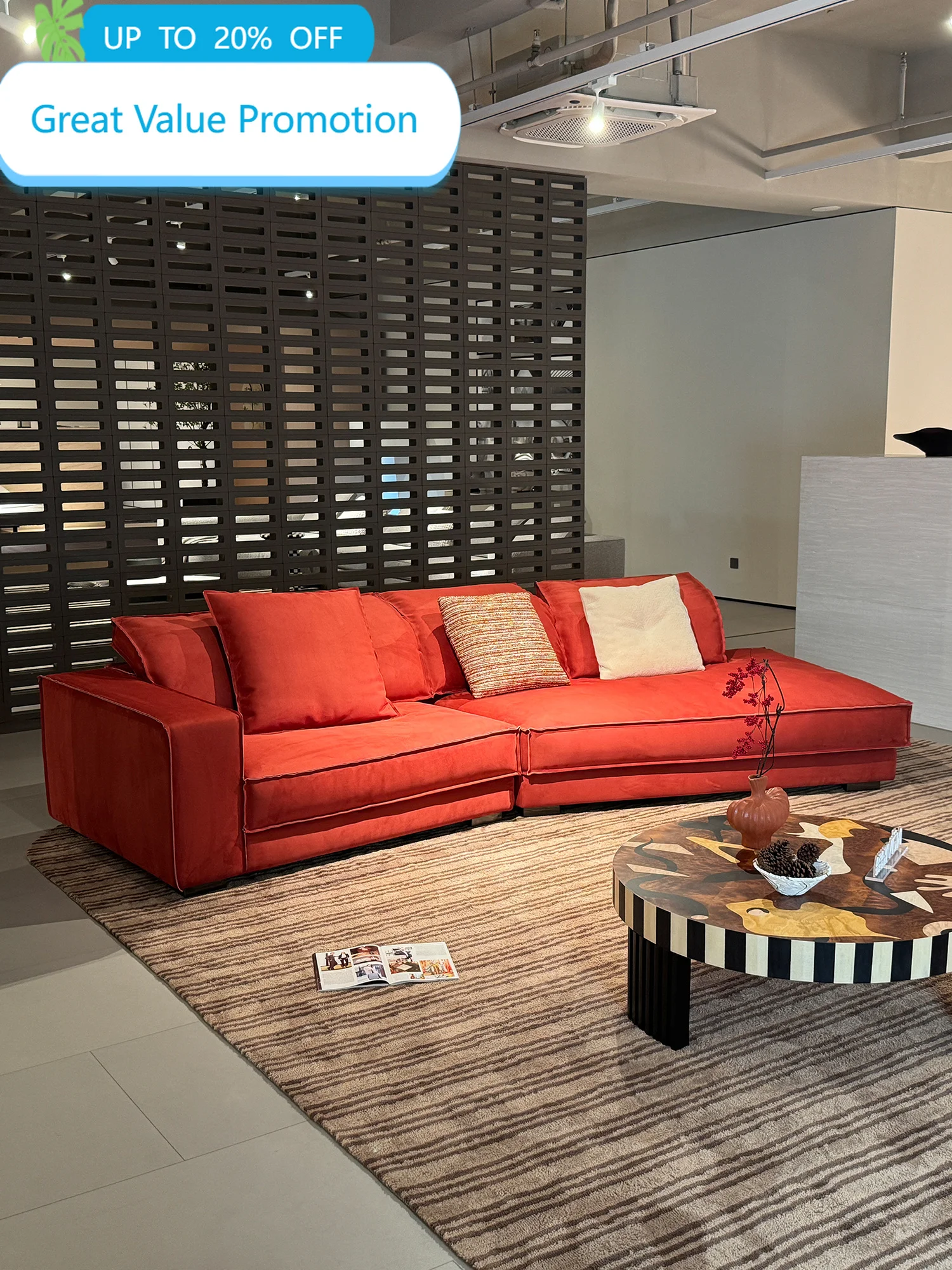 Red Suede Fabric Curved Modular Sofa Deep Seat Floor Style Oversized Pillows L Shaped Sectional For Living Room Villa Home