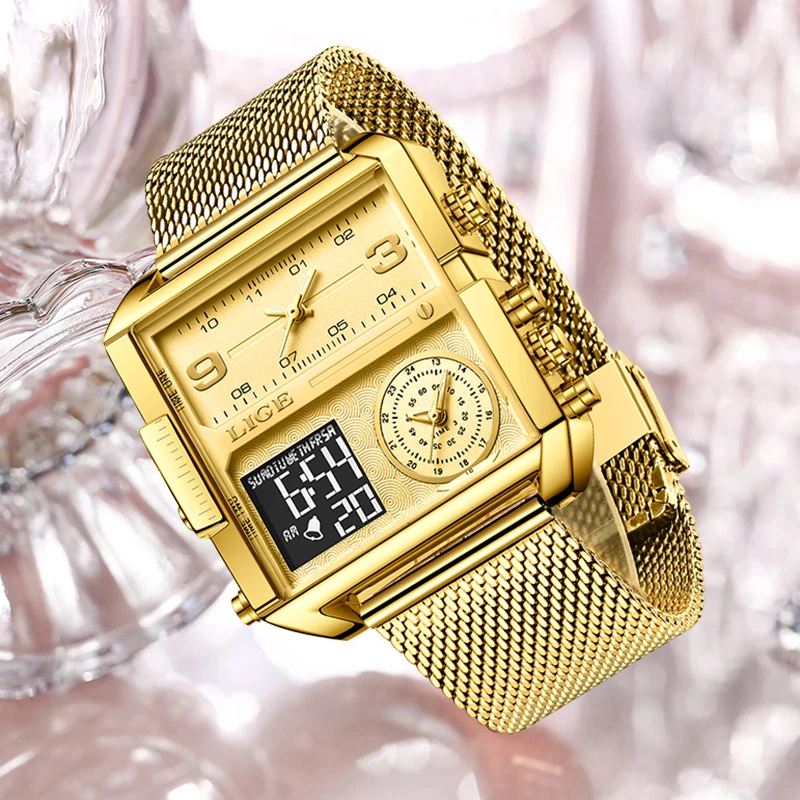 LIGE Fashion Gold Watch Women Casual Sport Digital Quartz Women Watch Top Brand Luxury Waterproof Dual Display Watches For Women