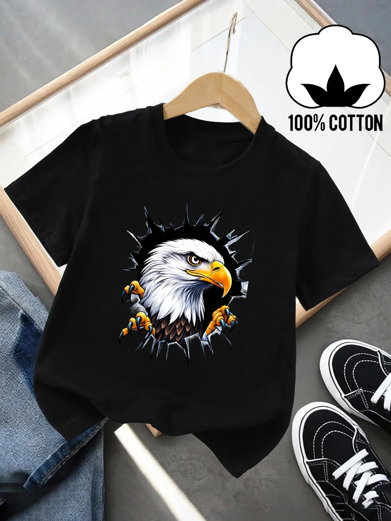 Children's Fun Eagle Head Claw Pattern Printed Summer Street Round Neck Short T-shirt Casual and Comfortable Parent Child Wear
