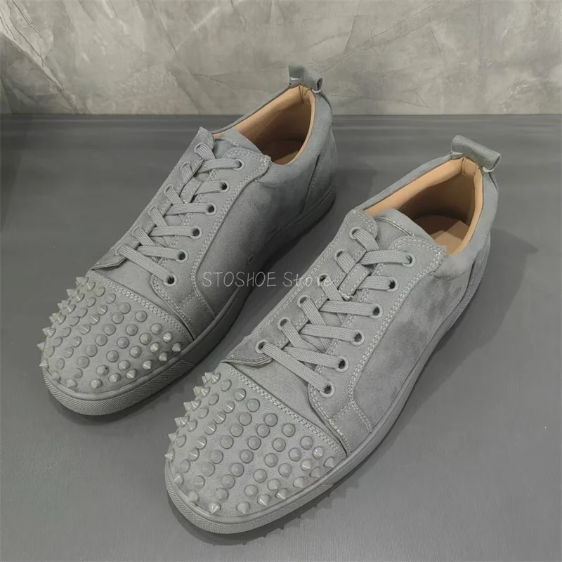 Light Gray Casual Sports Shoes for Men and Women Size 35-47 Rivets Lace Up Sneakers Blue Comfortable Shoes Handmade High Quality