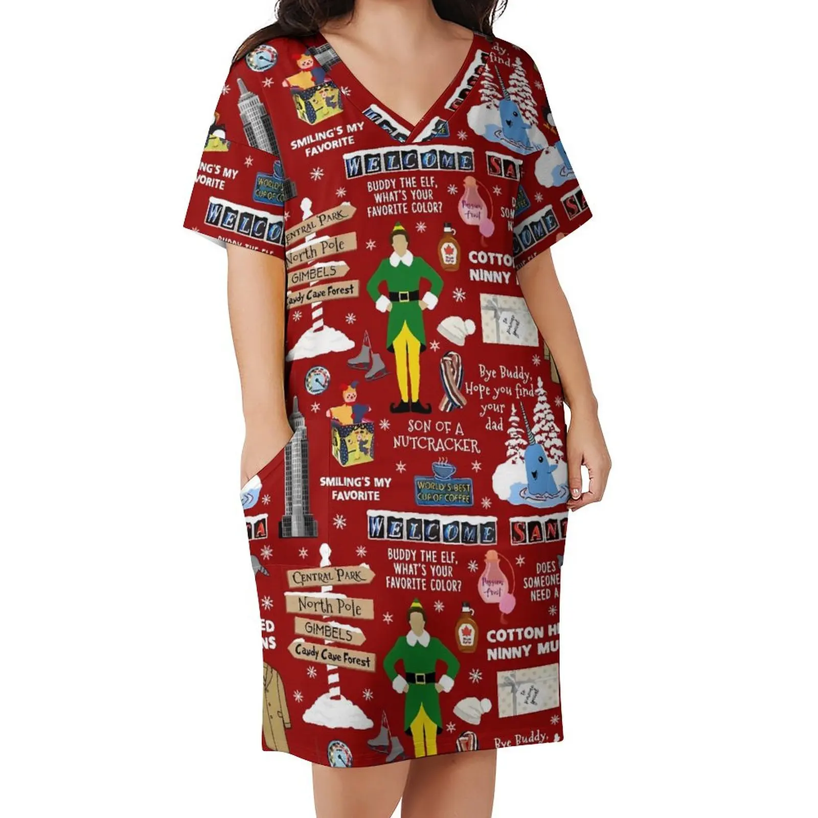 

Christmas Dress Short Sleeve Buddy The Elf Collage Cute Dresses Women Aesthetic Graphic Casual Dress With Pockets Large Size