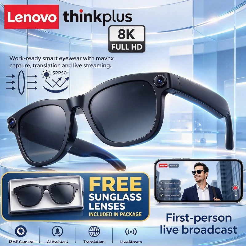Lenovo Thinkplus Smart AI Glasses Upgrade 8K Shooting Camera Photo Video Voice Call Translation Bluetooth AI Motorcycle Glasses