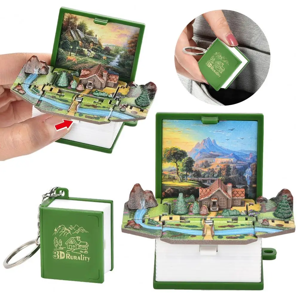 Mini 3D Folding Book Keychain Popping Miniature World Hanging Tiny Coffee Shop Great Wall Castle Foldable Book Keyring Pendant
